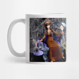 Witch warrior queen on throne with vassal and baby dragon Mug